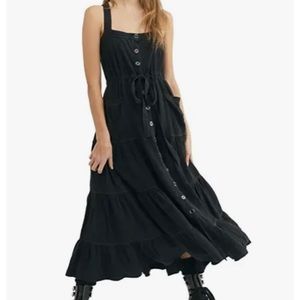 Free People Catch The Breeze Midi Dress Black Tiered Button Apron Drawstring